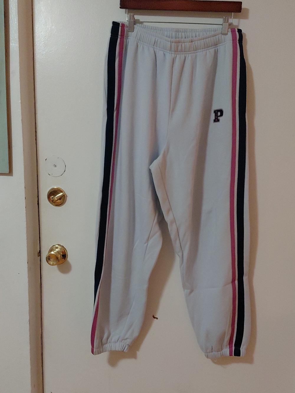 PINK Victoria's Secret Light Gray Joggers with Pink & Black Stripes